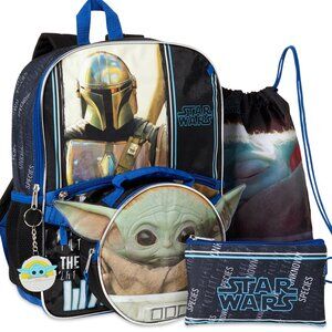 Star Wars Baby Yoda Backpack Kids School Bookbag 5Pc Lunch Box Case Bag Keychain
